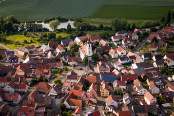 Aerial view of Village on the river bank areas of the Main river in the district Hirschfeld in Roethlein in the state Bavaria, Germany