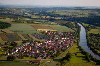 Aerial photograpy of Village on the river bank areas of the Main river in the district Hirschfeld in Roethlein in the state Bavaria, Germany