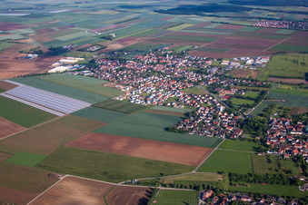 Aerial view of Town View of the streets and houses of the residential areas in Unterpleichfeld in the state Bavaria, Germany