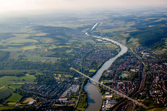 Aerial photograpy of Railway River - bridge construction crossing the Main river in Veitshoechheim in the state Bavaria, Germany