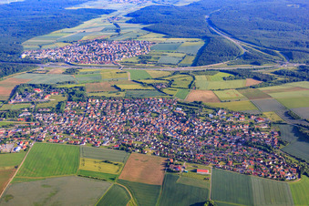 View of the town from the north (behind the A3 Kist) in Eisingen in the state Bavaria, Germany