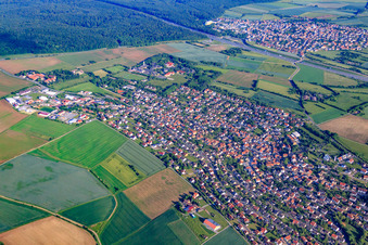 Aerial view of View of the town from the north (behind the A3 Kist) in Eisingen in the state Bavaria, Germany