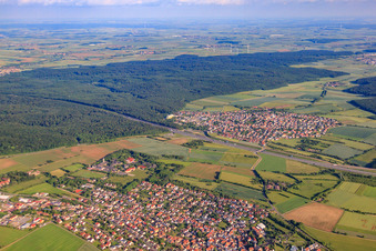 View of the town from the northwest (behind the A3 Kist) in Eisingen in the state Bavaria, Germany