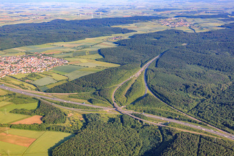 Aerial view of Würzburg West motorway junction A43/A81 in Irtenberger Wald in the state Bavaria, Germany