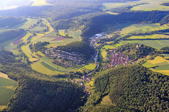 Aerial view of Drof in a loop of the Tauber in the district Gamburg in Werbach in the state Baden-Wuerttemberg, Germany