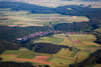 Aerial view of Village - view on the edge of agricultural fields and farmland in Waldstetten in the state Baden-Wurttemberg, Germany
