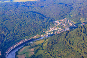 View of the town on the Neckar from the west in Zwingenberg in the state Baden-Wuerttemberg, Germany