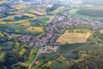 Aerial view of Village view in the Odenwald from the east in Wiesenbach in the state Baden-Wuerttemberg, Germany