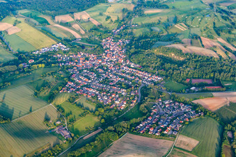 Aerial view of Village - view on the edge of agricultural fields and farmland in Schatthausen in the state Baden-Wurttemberg, Germany