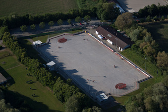 Aerial view of MSC Taifun, cycle ball field in the district Mörsch in Rheinstetten in the state Baden-Wuerttemberg, Germany