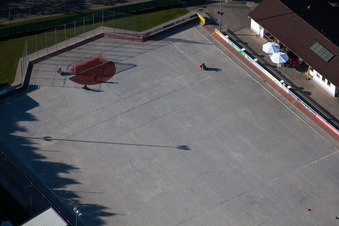 Oblique view of MSC Taifun, cycle ball field in the district Mörsch in Rheinstetten in the state Baden-Wuerttemberg, Germany