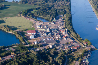 Aerial view of Building and production halls on the premises of the chemical manufacturers DOW France S.A.S. at the river Rhine in Lauterbourg in Grand Est, France