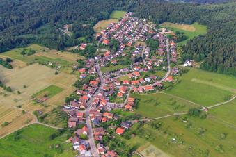 Village view in the Northern Black Forest from the southwest in the district Dennach in Neuenbürg in the state Baden-Wuerttemberg, Germany