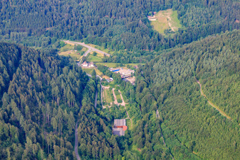 Aerial view of Eyachtal in the Northern Black Forest in the district Dennach in Neuenbürg in the state Baden-Wuerttemberg, Germany