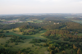 Aerial view of Castle Lichtenstein in the district Honau in Lichtenstein in the state Baden-Wuerttemberg, Germany