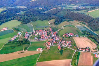 Aerial photograpy of Village view from the west in the district Münzdorf in Hayingen in the state Baden-Wuerttemberg, Germany
