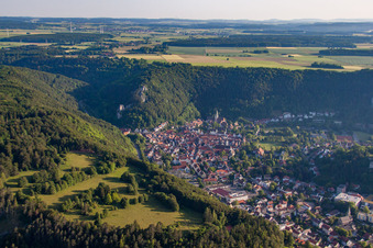 Aerial view of Town View of the streets and houses of the residential areas in the district Gerhausen in Blaubeuren in the state Baden-Wurttemberg