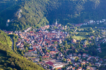 Aerial photograpy of Town View of the streets and houses of the residential areas in the district Gerhausen in Blaubeuren in the state Baden-Wurttemberg