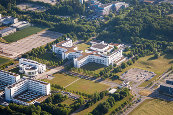 Aerial view of Building complex of the Institute Daimler TSS GmbH in Ulm in the state Baden-Wurttemberg, Germany