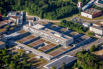Aerial view of Campus building of the university Ulm with Institut fuer Elektronische Bauelemente and Schaltungen in Ulm in the state Baden-Wurttemberg, Germany