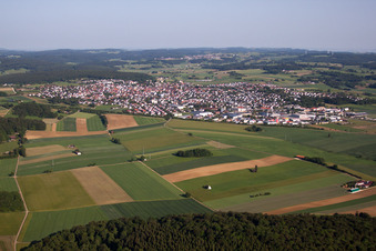 Village - view on the edge of agricultural fields and farmland in Laichingen in the state Baden-Wurttemberg, Germany