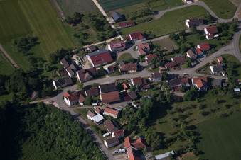 Aerial view of Village - view on the edge of agricultural fields and farmland in Briel in the state Baden-Wurttemberg