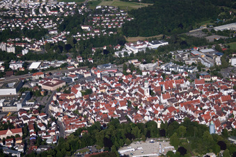 Town View of the streets and houses of the residential areas in Biberach an der Riss in the state Baden-Wurttemberg seen from above