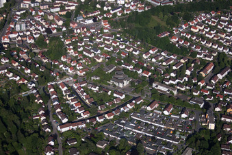 Town View of the streets and houses of the residential areas in Biberach an der Riss in the state Baden-Wurttemberg from the plane