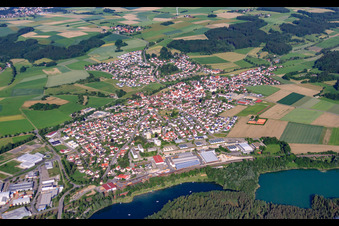 City view at the natural lake Ummendorfer Ried in Ummendorf in the state Baden-Wuerttemberg, Germany