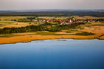 Village behind the Federsee with stilt houses in Oggelshausen in the state Baden-Wuerttemberg, Germany