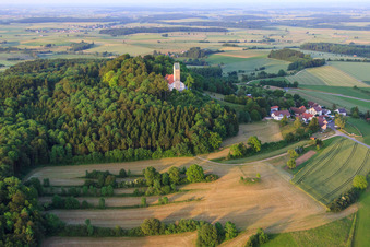 Aerial photograpy of St. John the Baptist on the Bussen in the district Offingen in Uttenweiler in the state Baden-Wuerttemberg, Germany