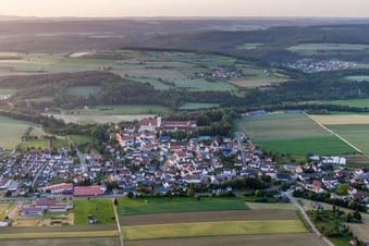 Town View of the streets and houses of the residential areas in Obermarchtal in the state Baden-Wurttemberg, Germany