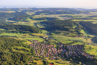 Aerial view of Village view on the Alb from the southeast in Gomadingen in the state Baden-Wuerttemberg, Germany