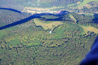 Aerial view of Structure of the Schönbergturm observation tower in the forest in Pfullingen in the state Baden-Wuerttemberg, Germany
