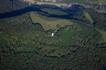Aerial photograpy of Structure of the observation tower Schoenbergturm in the forest in Pfullingen in the state Baden-Wurttemberg, Germany