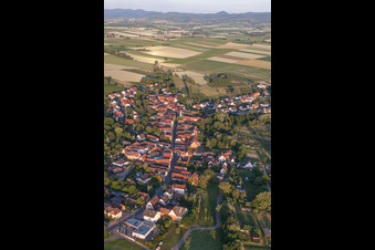 Oblique view of Village - view on the edge of agricultural fields and farmland in Oberhausen in the state Rhineland-Palatinate, Germany