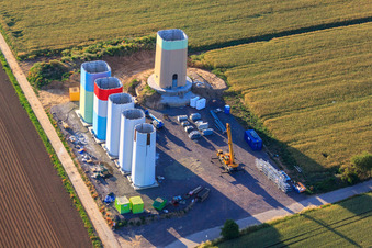 Interlocking segments of the masts of a wind turbine before assembly in Offenbach an der Queich in the state Rhineland-Palatinate, Germany from above