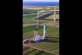Interlocking segments of the masts of a wind turbine before assembly in Offenbach an der Queich in the state Rhineland-Palatinate, Germany out of the air