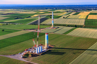 Interlocking segments of the masts of a wind turbine before assembly in Offenbach an der Queich in the state Rhineland-Palatinate, Germany seen from above