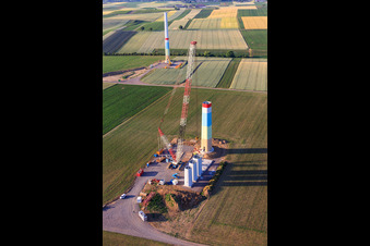 Interlocking segments of the masts of a wind turbine before assembly in Offenbach an der Queich in the state Rhineland-Palatinate, Germany from the plane