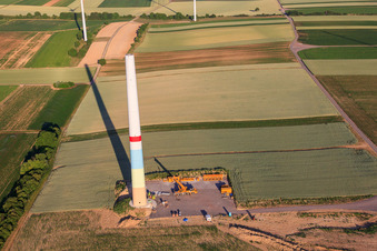 Construction site of the new wind farm in Offenbach an der Queich in the state Rhineland-Palatinate, Germany from the plane