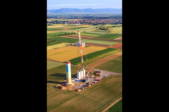 Aerial photograpy of Segments of the mast of a wind turbine during assembly in Offenbach an der Queich in the state Rhineland-Palatinate, Germany