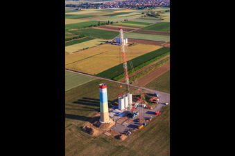 Segments of the mast of a wind turbine during assembly in Offenbach an der Queich in the state Rhineland-Palatinate, Germany from above
