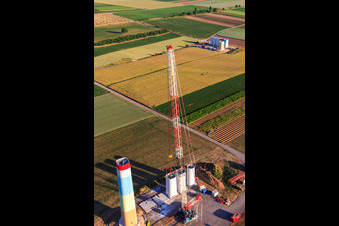 Segments of the mast of a wind turbine during assembly in Offenbach an der Queich in the state Rhineland-Palatinate, Germany out of the air
