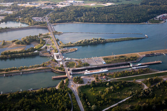 Aerial view of Locks - plants on the banks of the waterway of the Rhine in Elsass in Alsace-Champagne-Ardenne-Lorraine, France