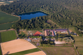 Aerial view of Building of stables of Reitverein Lahr e.V. in the district Kippenheimweiler in Lahr/Schwarzwald in the state Baden-Wurttemberg, Germany