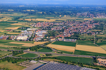 View of the town behind the Etneheim exit on the A5 from the east in the district Grafenhausen in Kappel-Grafenhausen in the state Baden-Wuerttemberg, Germany