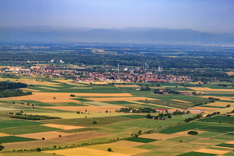View of the town in front of Europapark from the northeast in Rust in the state Baden-Wuerttemberg, Germany