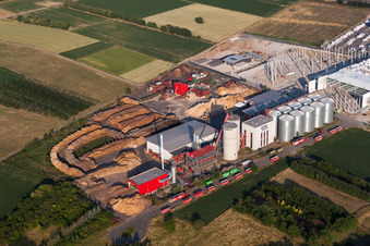 Aerial view of Building and production halls on the premises of German Pellets in Ettenheim in the state Baden-Wurttemberg, Germany