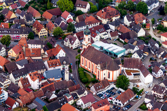 Aerial view of Church building in of the Church of St. Martin in Old Town- center of downtown in Riegel am Kaiserstuhl in the state Baden-Wurttemberg, Germany